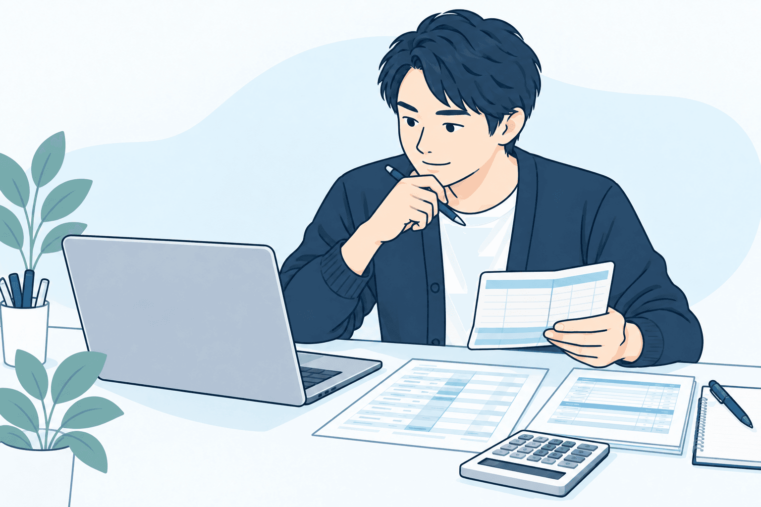 通帳や返済予定表を確認しながら、資金繰り表に数字を入力する様子
